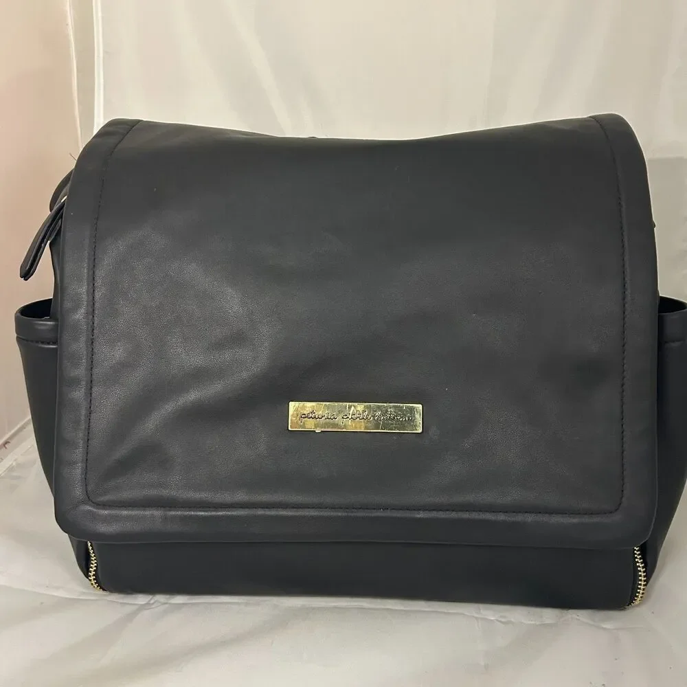 Petunia Pickle Bottom Black Vegan Leather Backpack Floral Lining Changing Pad
